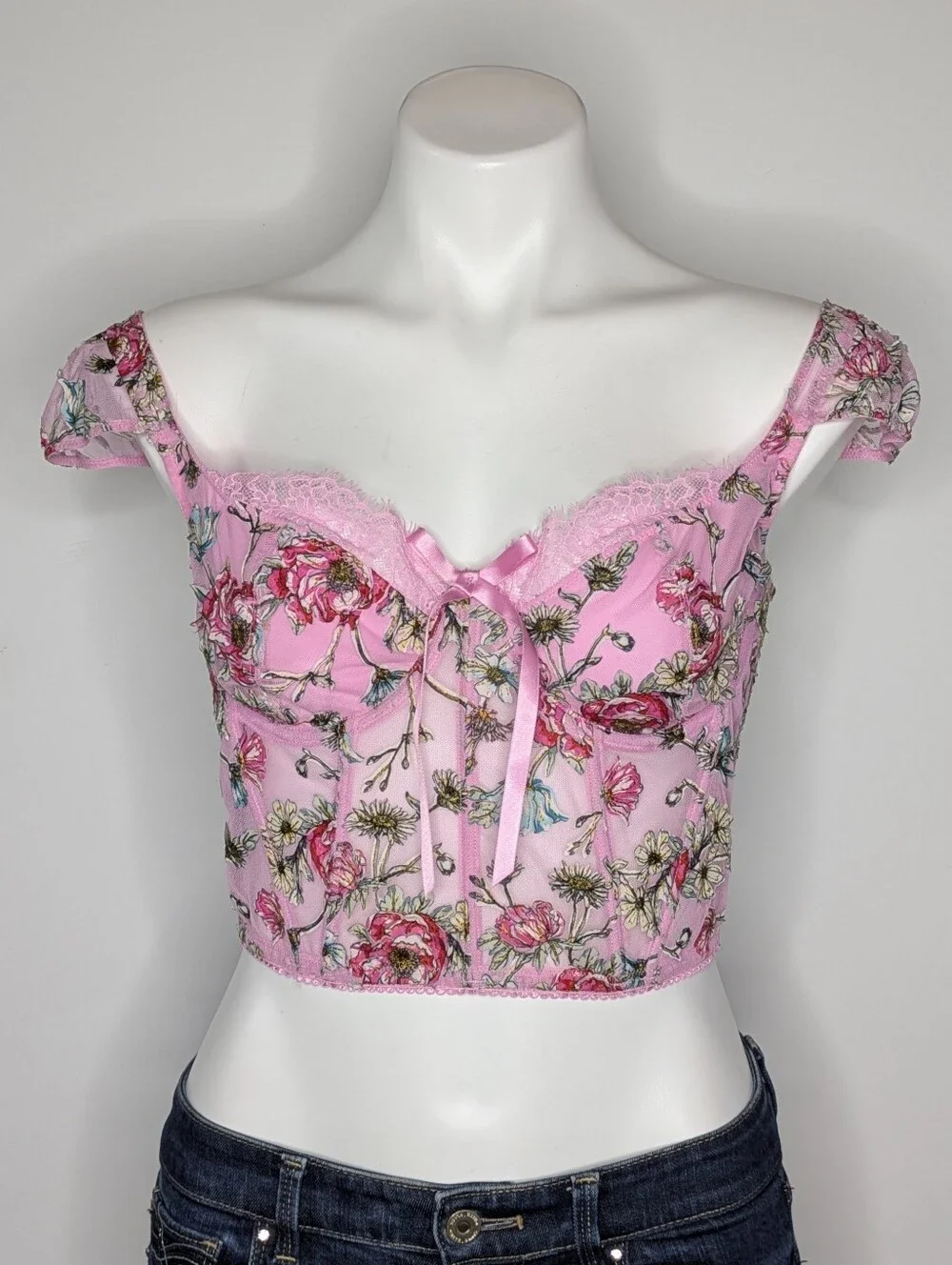 Victoria's Secret Dream Angels Floral Applique Mesh Lace Corset Bustier Top L